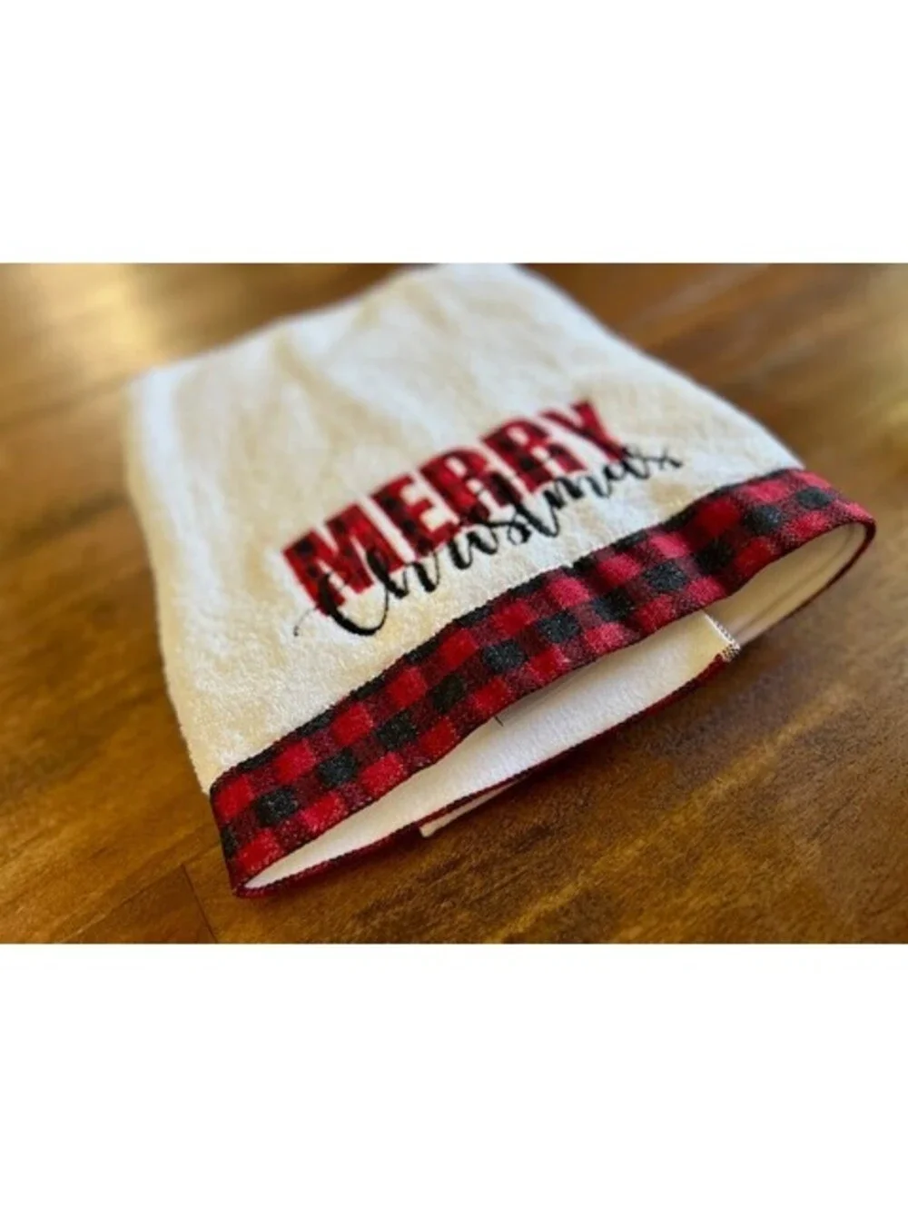 Set of 3 White Merry Christmas 1 Towel & 2 Hand Towels Red and Black Plaid Trim
